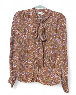 LOFT Women’s Floral Tie Neck Blouse Medium Long Sleeve Boho Cottagecore Fall Top thumbnail 1