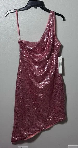 Aqua Womens Pink Sequined Mini‎ One Shoulder Formal Cocktail/ Party Dress S thumbnail 1