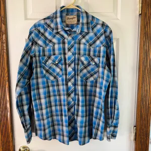 Wrangler Western Snap Shirt Plaid Long Sleeve Cowboy Blue White‎ Silver Treaded thumbnail 5