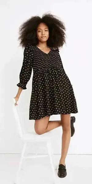 Madewell Black Gold Lucie V-Neck Smocked Mini Oval Dot Baby Doll SZ XL #1862 thumbnail 1