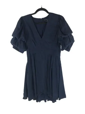 1.State Mini Dress A Line Tiered Bubble Sleeves V Neck Navy Blue M thumbnail 1