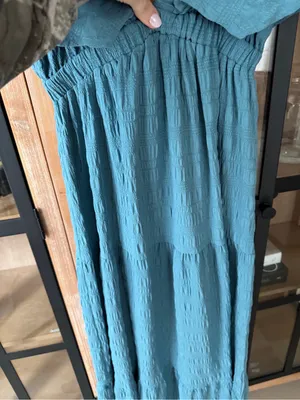 Anthropologie Teal maxi dress textured flutter short sleeve vneck ruffle tiered la la free-est thumbnail 5