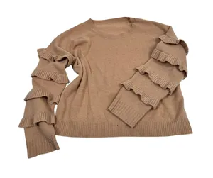 100% Cashmere Ruffle Sleeve Sweater Camel Tan Crewneck Pullover M/L thumbnail 1