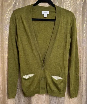 Ann Taylor LOFT Olive Green Sequin Pocket Merino Wool Cardigan Sweater XS thumbnail 1