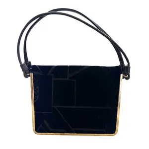VTG Black Velvet Evening Handbag Gold Frame Retro Geometric Whimsigoth Purse thumbnail 8