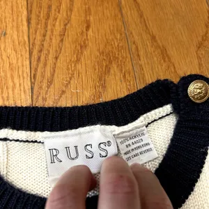 Russ Vintage Crewneck Sweater Womens Size Small Cream Navy Nautical thumbnail 3