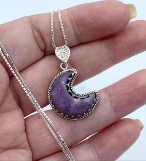 Crescent Moon Purple Lepidolite Worry Stone Solid Sterling Silver Necklace thumbnail 4