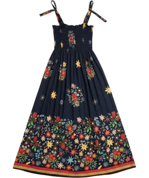 Lildy Women Small/Medium Blue Floral Smock Tie Shoulder Boho Festival Maxi Dress thumbnail 1