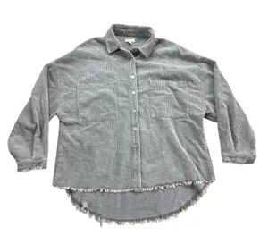 POL Gray Corduroy Button-Down Shirt with Shirttail Hem thumbnail 1