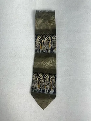 Endangered Species Mens Tie Silk Art Zebras At The Waterhole Necktie Vintage thumbnail 5