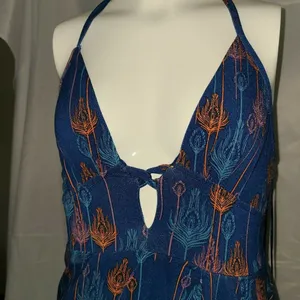 Free People Blue Peacock feather print Lined Halter Dress Boho Extra Small‎ XS thumbnail 2