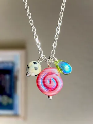 Handmade stainless steel chain & Czech glass mix boho funky necklace 🌀🩷 thumbnail 1