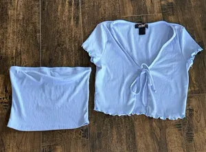 Blue Ribbed Short Sleeve Cardigan and Tube Top Set thumbnail 1