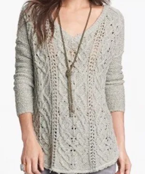 Free People Sweater Women Small‎ Tan Gray Cross My Heart Pullover Cable Knit thumbnail 1