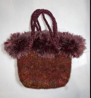 Tweed Wool Bucket Bag‎ Medium Handbag Red Fringe thumbnail 1