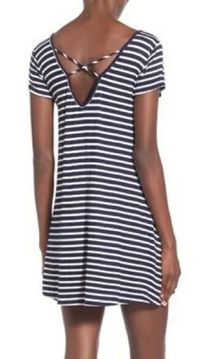 Socialite Women's Blue Striped Criss Cross Back Dress - Size Medium - 90's Style thumbnail 1