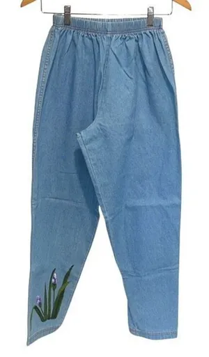 Sunbelt Denim Jeans Vintage Floral Hand painted Pull On Light Wash Mom Trend Med thumbnail 1