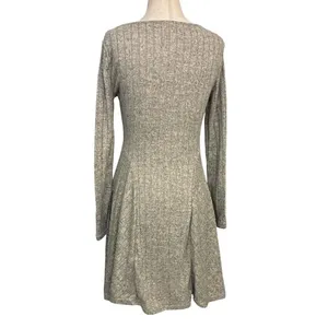 Halara Womens Long Sleeve Ribbed V-Neck Fit & Flare Mini Dress Oatmeal Grey‎ S thumbnail 6