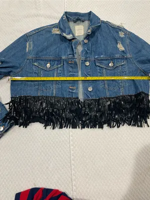 Zara Light Blue Distressed Denim Jacket with Black Fringe Detail thumbnail 3