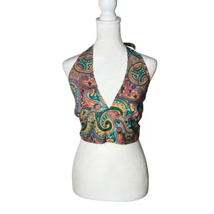 Reversible Paisley Halter Crop Top Bohemian Festival Coachella Sz S/M Silk Y2K thumbnail 2