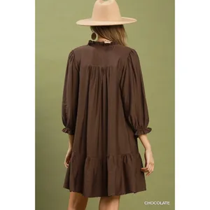 Umgee Smocked Ruffle Detail Tiered Mini Dress - Chocolate - Small thumbnail 3