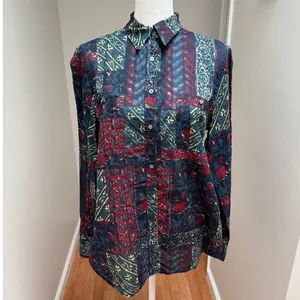 Lauren Ralph Lauren Button Up Shirt Women Navy Red Multi Patchwork Blouse Large thumbnail 4