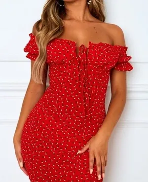 White Fox Mini Dress‎ Women Small Red Floral Smocked Off Shoulder Tie Front thumbnail 1