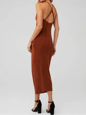Cowl-Neck Midi Slip Dress in Rust Brown thumbnail 4