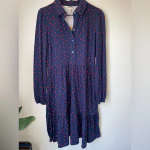 NWT Boden Navy Long-Sleeve Shirt Dress with Red Dot Print thumbnail 2