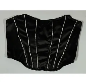 Black Satin Silk Diamond Diamonds Corset Bustier Crop Top Shirt Blouse Size M 💎 thumbnail 2