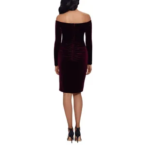 NWT X By Xscape Velvet Long Sleeve Off-The-Shoulder Sheath Dress Burgundy Red 16 thumbnail 2