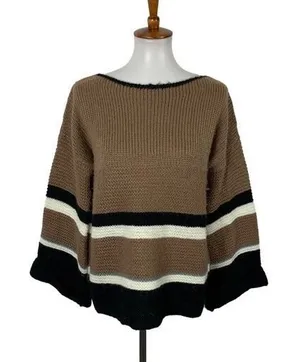 Lumiere Large Boho Chunky Knit‎ Striped Bell Sleeve Sweater Oversized Cozy Top thumbnail 1