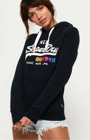 Superdry Womens Real Superdry Trade Mark JPN Logo Hoodie Navy Blue Rhinestone M thumbnail 1