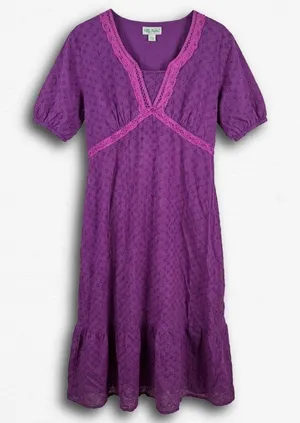 Ulla Popken Purple Eyelet Cotton Midi Dress‎ Lace Trim A-Line 82212 Womens M thumbnail 1
