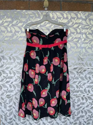Anna Sui Anthropologie Sz 12 Silk Dress Strapless Black Pink Poppy Floral Lined thumbnail 4