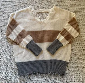 Moon & Madison White Grey Brown Knit Sweater Colorbock Stiped Cozy Freyed Medium thumbnail 1