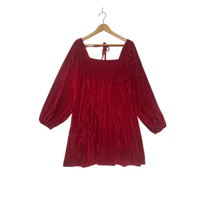 Red Pleated Velvet Mini Dress Square‎ Neck Lantern Sleeve Holiday Boho Party L thumbnail 2