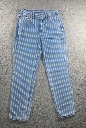 American Eagle Pinstripe Mom Jeans 4 29x27 Blue Retro High Waisted Tapered Leg thumbnail 1
