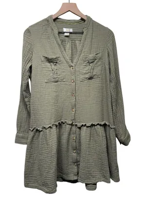Maeve Anthropologie Dress 4 Green Gauze Button Up Tiered Boho Coastal Cottage thumbnail 1