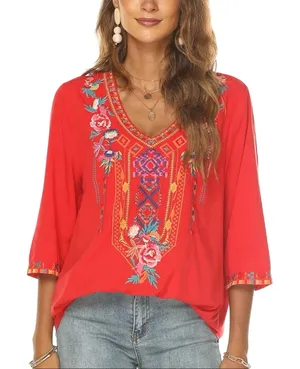 Women’s Boho Floral Embroidered 3/4 Sleeve Red Popover Vneck Top XXL thumbnail 1