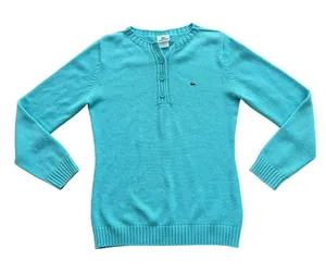 Lacoste‎ Knit Button Up Pullover Women's Sweater Turquoise 44 Large Blue Preppy thumbnail 1
