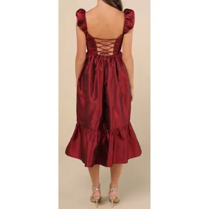 NWT Lulus Size XS Poised Passion Wine Red Taffeta Pleated Ruffled Midi Dress thumbnail 2