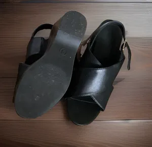 Patent Leather Black Platform Sandals with Faux Wooden Heel Size 6 thumbnail 3