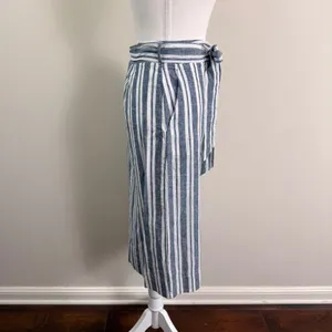 GAP Blue White Striped Linen Blend Wrap Midi Skirt Tie Waist Pockets Nautical thumbnail 2