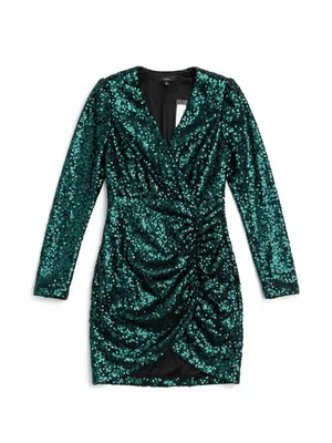 Lulus‎ Get Festive Emerald Green Sequin Mini Dress Small NWT Ruched Bodycon thumbnail 4