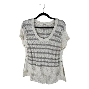 Free People Cream Grey Striped Chunky Knit Sweater Womens S Beachy Boho Summer thumbnail 2