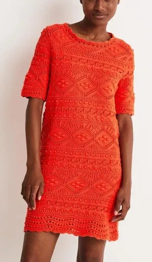 Boden Bright Red Women's Knit Crochet Claudia Mini Textured Summer Shift Dress thumbnail 1