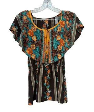 Vintage Handmade 70s Boho Floral Cape Sleeve Smocked Tunic Top thumbnail 1