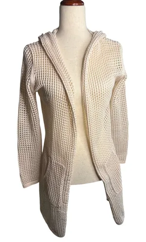 Cream Open Crochet Knit Hooded Long Cardigan Sweater Size M Boho thumbnail 1