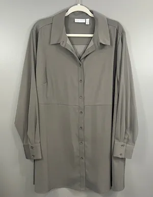 Susan Graver Tunic Top Womens 1X Gray Great Long Sleeve Button Down Stretch thumbnail 1